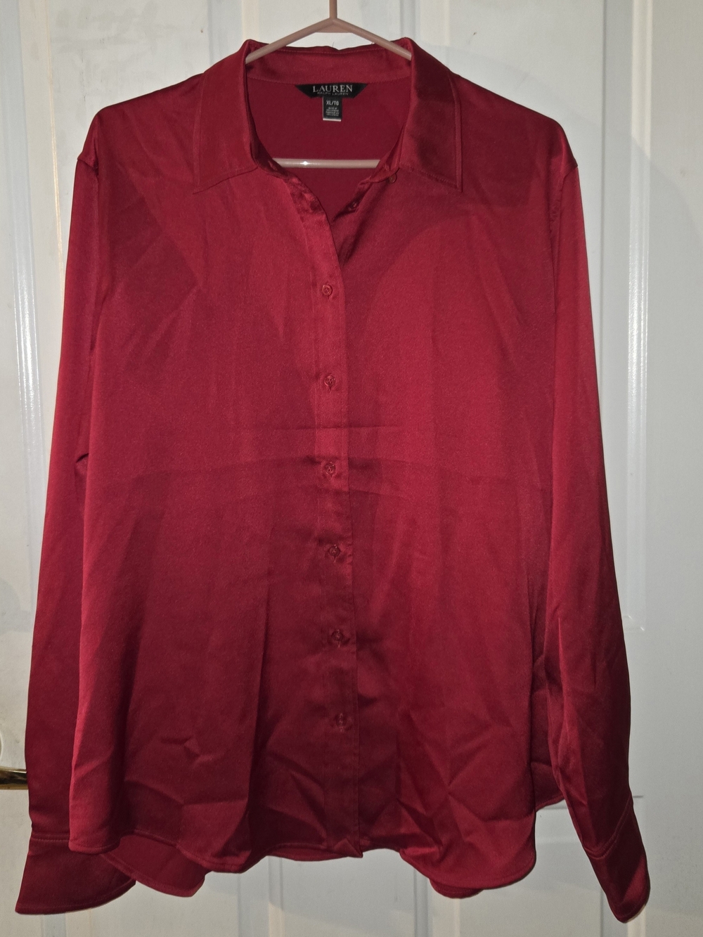 Ralph Lauren Women's Deep Red Satin Charmeuse Long-Sleeve Button Blouse